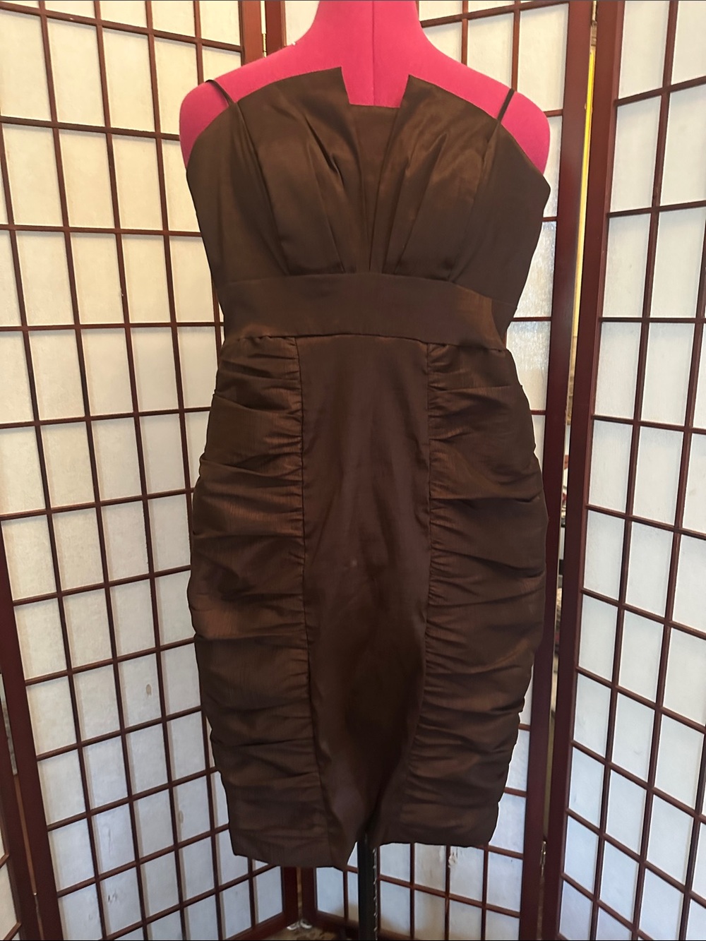 Black Satin Spaghetti-Strap Mini Dress with Ruched Sides
